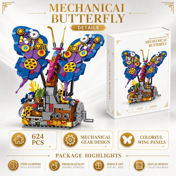 JYRUE Mechanical Butterfly Building Set, 624-Piece Butterfly Model Building Blocks Kit with Gear Design and Display Base, DIY STEM Construction Toy for Kids, Teens and Adults, Ages 6+
