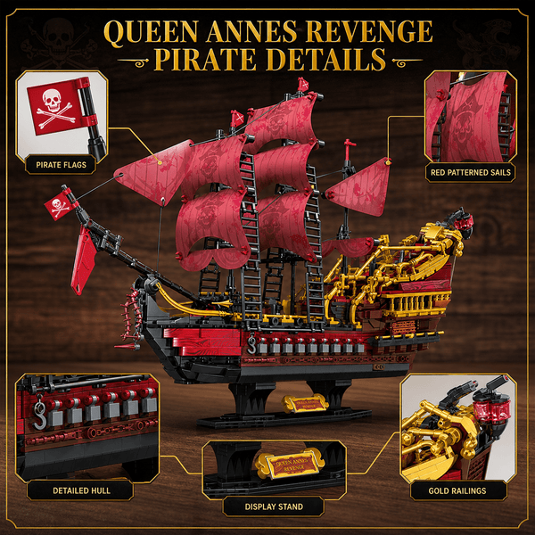 JYRUE Large Pirate Ship Building Set, 2088-Piece Pirate Sailing Ship Model Building Blocks Kit with Red Sails and Display Stand, DIY Construction Toy for Kids, Teens and Adults, Ages 6+