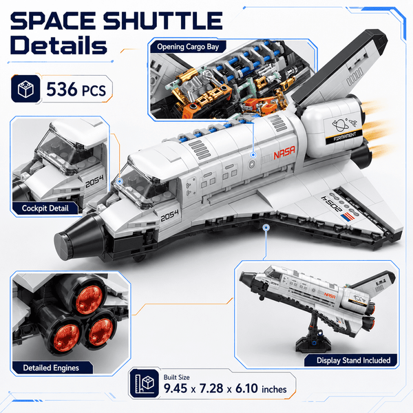 JYRUE Space Shuttle Building Set, 536-Piece Spacecraft Model Building Blocks Kit with Opening Cargo Bay, Detachable Satellite and Display Stand, DIY STEM Toy for Kids, Teens and Adults, Ages 8+