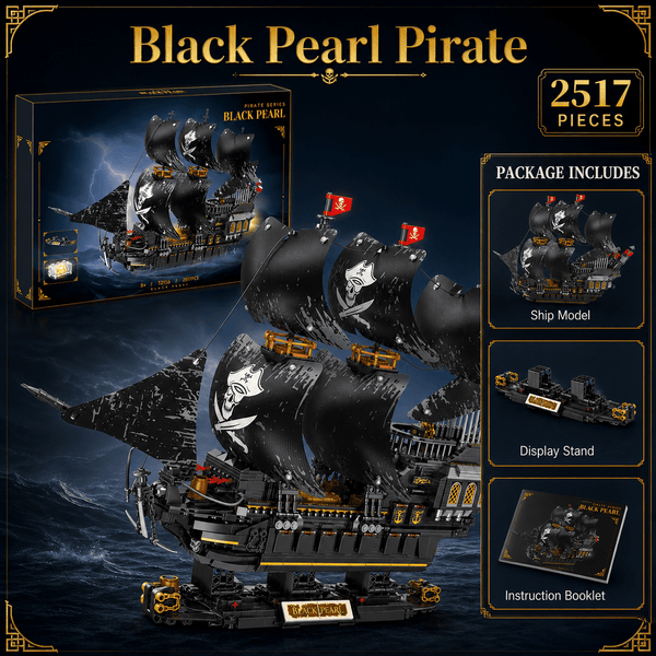 JYRUE Large Black Pirate Ship Building Set, 2517-Piece Sailing Ship Model Building Blocks Kit with Black Sails and Display Stand, DIY Construction Toy for Teens and Adults, Ages 8+