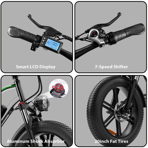 VTOKW Electric Bike, Peak 1000W Electric Bicycles for Adults, 20X4.0" Fat Tire Ebike, 48V/13AH Battery, 25MPH E-Mountain Bike for Cycling & Off-Road, 7-Speed Front Suspension Ebike for Adults UL2849