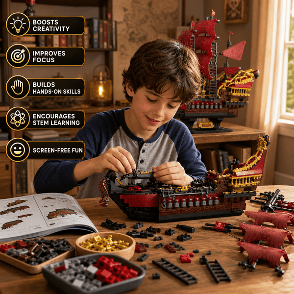 JYRUE Large Pirate Ship Building Set, 2088-Piece Pirate Sailing Ship Model Building Blocks Kit with Red Sails and Display Stand, DIY Construction Toy for Kids, Teens and Adults, Ages 6+