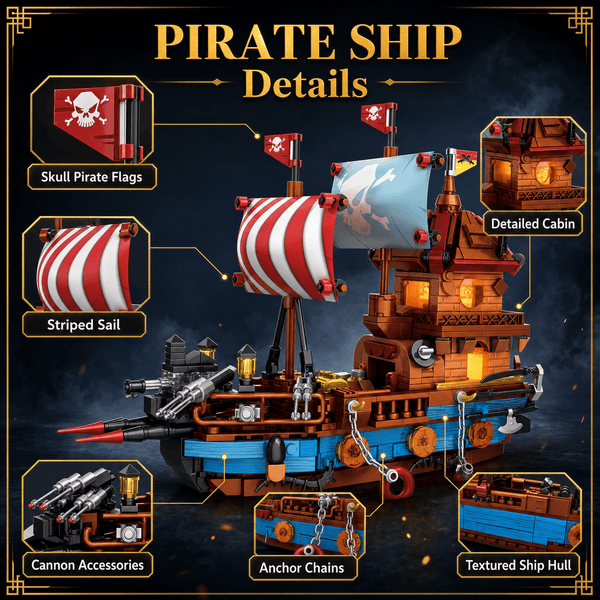 JYRUE Pirate Ship Building Set, 916-Piece Pirate Boat Model Building Blocks Kit with Striped Sails, Detailed Cabin and Cannon Accessories, DIY Construction Toy for Kids, Teens and Adults, Ages 6+