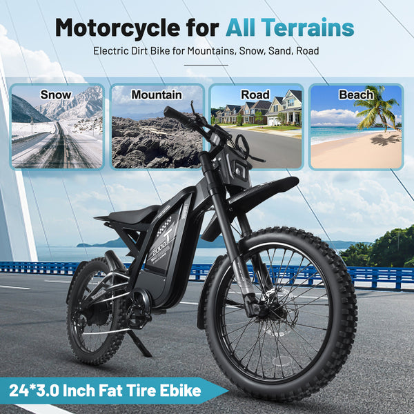 T2000 Electric Dirt Bike for Adults, 3000W Peak Electric Motorcycle 37MPH 48V 30Ah Battery, 85+Miles Electric Bike, 24" Fat Tire Ebike, Dual Hydraulic Brakes Mountain Bike, Full Suspension, UL2849