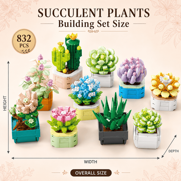 JYRUE Succulent Plants Building Set, 832-Piece Botanical Building Blocks Kit with 9 Potted Plant Models, DIY Artificial Flower and Cactus Decor, Gifts for Women, Girls and Adults, Ages 6+