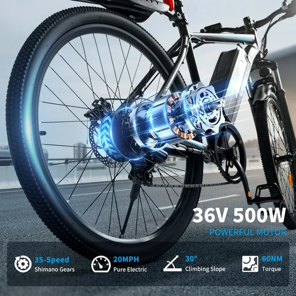 VTOKW 26" Electric Bike for Adults, 500W Ebike with 36V 10.4Ah Battery, 20MPH Electric Bicycles, E-bike for Adults, E Bike UL2849