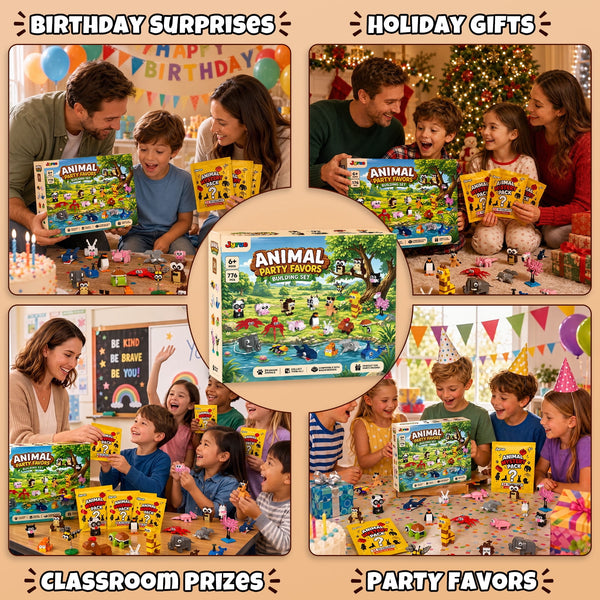 JYRUE Party Favors for Kids, 24 Pack Mini Animal Building Sets, 776-Piece Blind Bag Toys with Capybara and Axolotl, Goodie Bag Fillers, Classroom Prizes and Stocking Stuffers, Ages 6-12