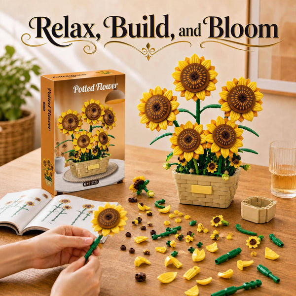 JYRUE Large Sunflower Building Set, 689-Piece Potted Flower Building Blocks with Basket-Style Pot, Botanical DIY Building Kit for Women, Girls and Adults, Ages 6+