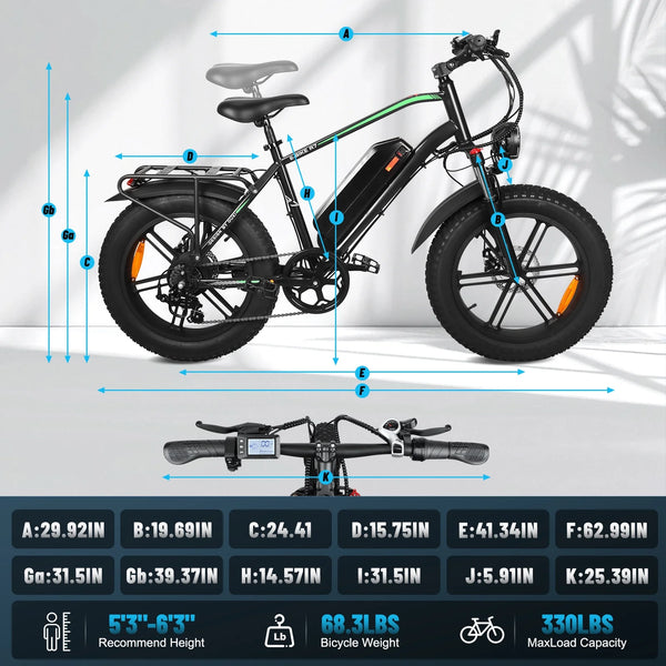 VTOKW Electric Bike, Peak 1000W Electric Bicycles for Adults, 20X4.0" Fat Tire Ebike, 48V/13AH Battery, 25MPH E-Mountain Bike for Cycling & Off-Road, 7-Speed Front Suspension Ebike for Adults UL2849