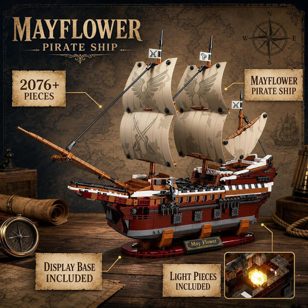 JYRUE Mayflower Pirate Ship Building Set with Lights, 2076-Piece Large Sailing Ship Model Building Blocks Kit, Collectible Boat Toy for Adults and Boys, Ages 6+