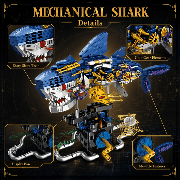 JYRUE Mechanical Shark Building Set, 734-Piece Shark Model Building Blocks Kit with Gear Design and Display Base, DIY STEM Construction Toy for Kids, Teens and Adults, Ages 6+