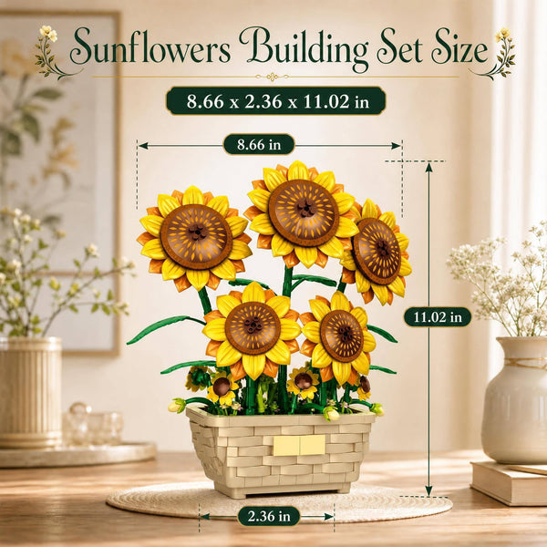 JYRUE Large Sunflower Building Set, 689-Piece Potted Flower Building Blocks with Basket-Style Pot, Botanical DIY Building Kit for Women, Girls and Adults, Ages 6+