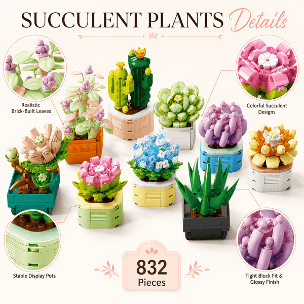 JYRUE Succulent Plants Building Set, 832-Piece Botanical Building Blocks Kit with 9 Potted Plant Models, DIY Artificial Flower and Cactus Decor, Gifts for Women, Girls and Adults, Ages 6+