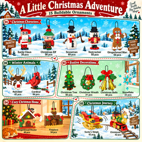 JYRUE Christmas Ornaments Building Set, 15 Pack Building Block Blind Bags with Christmas Tree, Santa, Wreath & Gingerbread Man, Christmas Party Favors & Stocking Stuffers for Kids Ages 6+
