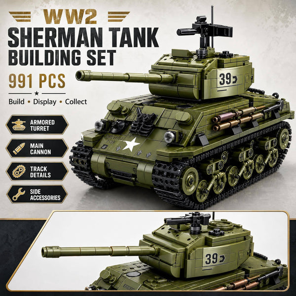 JYRUE Sherman Military Tank Building Set, 991-Piece WW2 Army Vehicle Model Building Blocks Kit, Collectible Tank Toy for Boys and Adults, Ages 6+