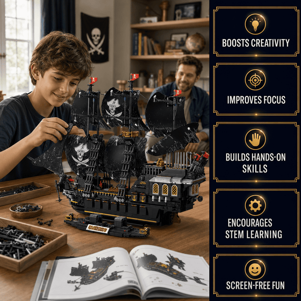 JYRUE Large Black Pirate Ship Building Set, 2517-Piece Sailing Ship Model Building Blocks Kit with Black Sails and Display Stand, DIY Construction Toy for Teens and Adults, Ages 8+