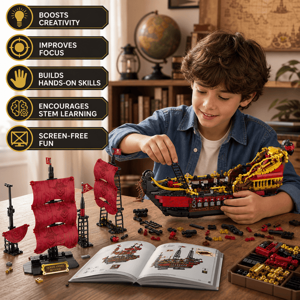JYRUE Large Pirate Ship Building Set, 2088-Piece Pirate Sailing Ship Model Building Blocks Kit with Red Sails and Display Stand, DIY Construction Toy for Kids, Teens and Adults, Ages 6+