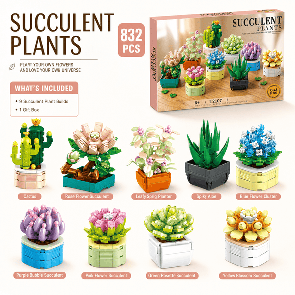 JYRUE Succulent Plants Building Set, 832-Piece Botanical Building Blocks Kit with 9 Potted Plant Models, DIY Artificial Flower and Cactus Decor, Gifts for Women, Girls and Adults, Ages 6+