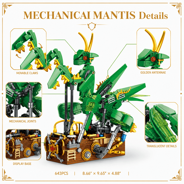 JYRUE Mechanical Mantis Building Set, 643-Piece Praying Mantis Model Building Blocks Kit with Movable Claws and Display Base, DIY STEM Construction Toy for Kids, Teens and Adults, Ages 6+