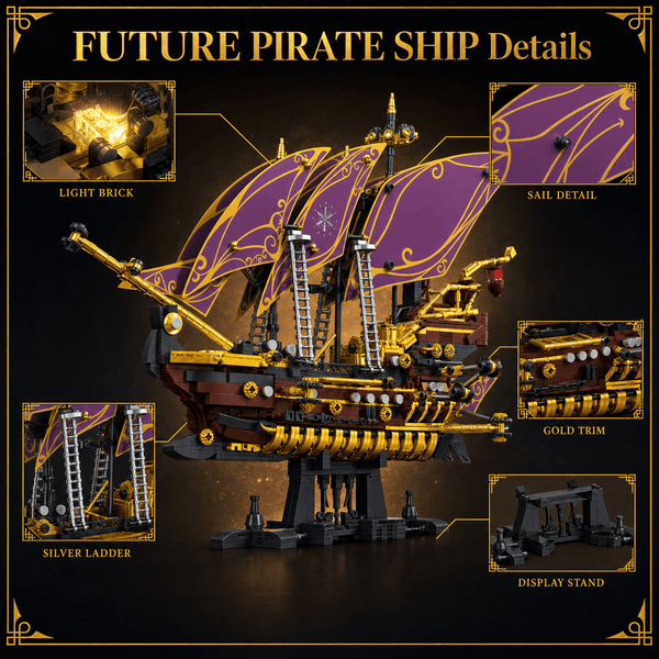 JYRUE Future Pirate Ship Building Set, 2285-Piece Large Sailing Ship Model Building Blocks Kit with Purple Sails, Treasure Light and Display Stand, DIY Construction Toy for Teens and Adults