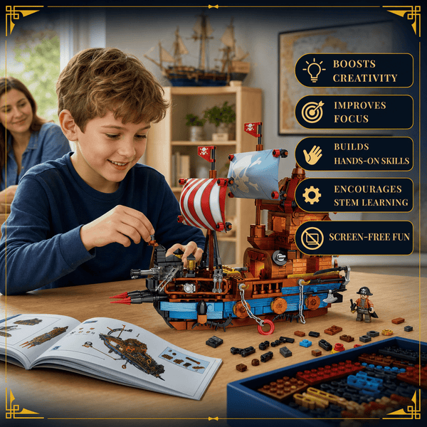 JYRUE Pirate Ship Building Set, 916-Piece Pirate Boat Model Building Blocks Kit with Striped Sails, Detailed Cabin and Cannon Accessories, DIY Construction Toy for Kids, Teens and Adults, Ages 6+