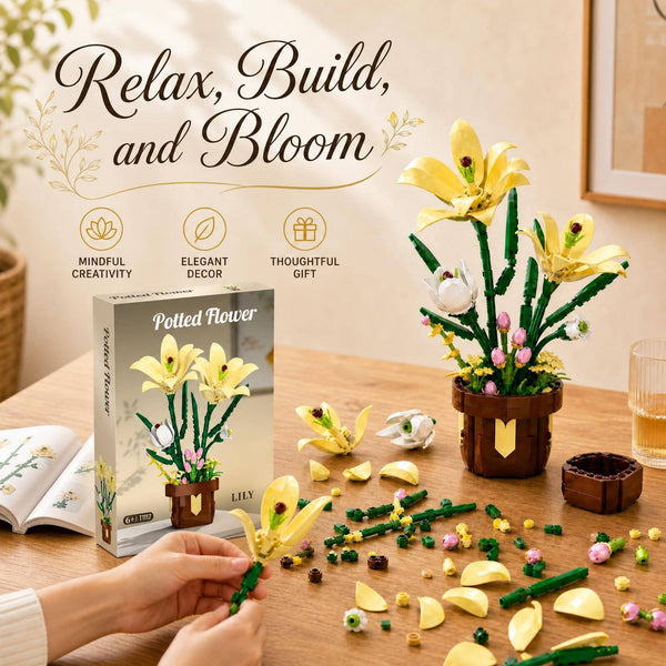 JYRUE Lily Flowers Building Set, 296-Piece Potted Flower Building Blocks, Botanical DIY Building Kit for Women, Girls and Adults, Ages 6+