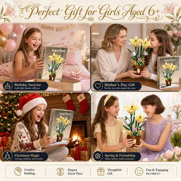 JYRUE Lily Flowers Building Set, 296-Piece Potted Flower Building Blocks, Botanical DIY Building Kit for Women, Girls and Adults, Ages 6+