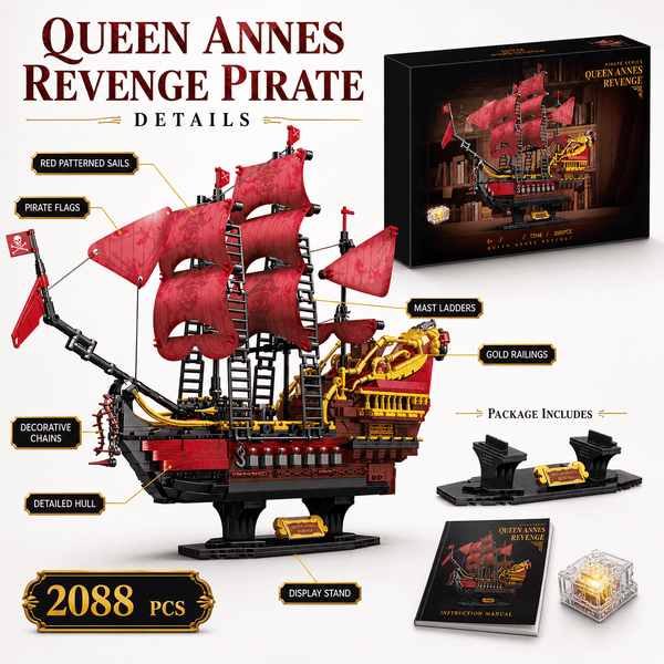 JYRUE Large Pirate Ship Building Set, 2088-Piece Pirate Sailing Ship Model Building Blocks Kit with Red Sails and Display Stand, DIY Construction Toy for Kids, Teens and Adults, Ages 6+
