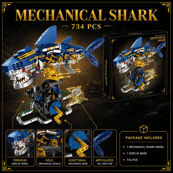 JYRUE Mechanical Shark Building Set, 734-Piece Shark Model Building Blocks Kit with Gear Design and Display Base, DIY STEM Construction Toy for Kids, Teens and Adults, Ages 6+