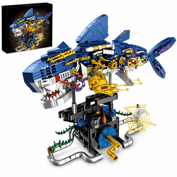 JYRUE Mechanical Shark Building Set, 734-Piece Shark Model Building Blocks Kit with Gear Design and Display Base, DIY STEM Construction Toy for Kids, Teens and Adults, Ages 6+