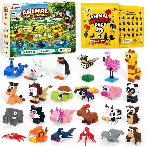 JYRUE Party Favors for Kids, 24 Pack Mini Animal Building Sets, 776-Piece Blind Bag Toys with Capybara and Axolotl, Goodie Bag Fillers, Classroom Prizes and Stocking Stuffers, Ages 6-12