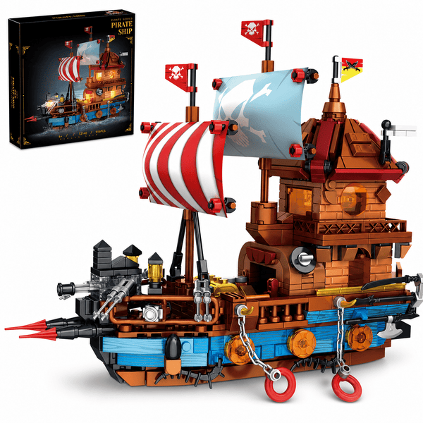 JYRUE Pirate Ship Building Set, 916-Piece Pirate Boat Model Building Blocks Kit with Striped Sails, Detailed Cabin and Cannon Accessories, DIY Construction Toy for Kids, Teens and Adults, Ages 6+