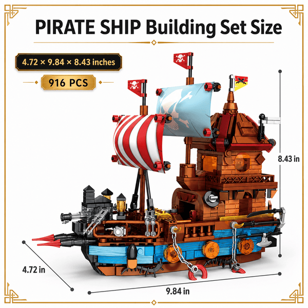JYRUE Pirate Ship Building Set, 916-Piece Pirate Boat Model Building Blocks Kit with Striped Sails, Detailed Cabin and Cannon Accessories, DIY Construction Toy for Kids, Teens and Adults, Ages 6+