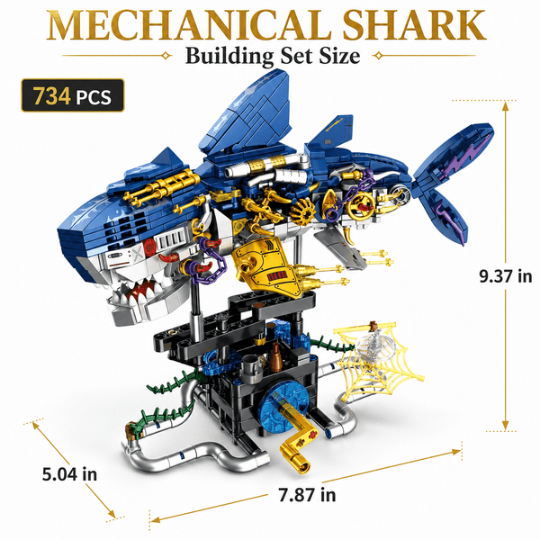JYRUE Mechanical Shark Building Set, 734-Piece Shark Model Building Blocks Kit with Gear Design and Display Base, DIY STEM Construction Toy for Kids, Teens and Adults, Ages 6+