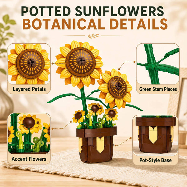 JYRUE Sunflower Building Set, 291-Piece Potted Flower Building Blocks, Botanical DIY Building Kit for Women, Girls and Kids, Ages 6+