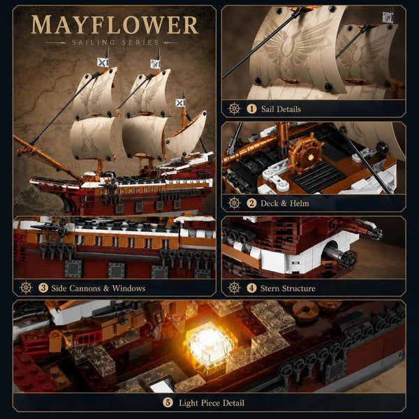 JYRUE Mayflower Pirate Ship Building Set with Lights, 2076-Piece Large Sailing Ship Model Building Blocks Kit, Collectible Boat Toy for Adults and Boys, Ages 6+