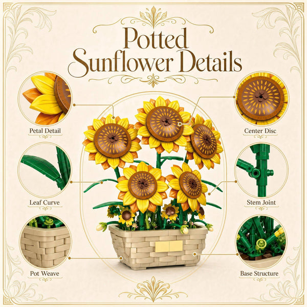 JYRUE Large Sunflower Building Set, 689-Piece Potted Flower Building Blocks with Basket-Style Pot, Botanical DIY Building Kit for Women, Girls and Adults, Ages 6+