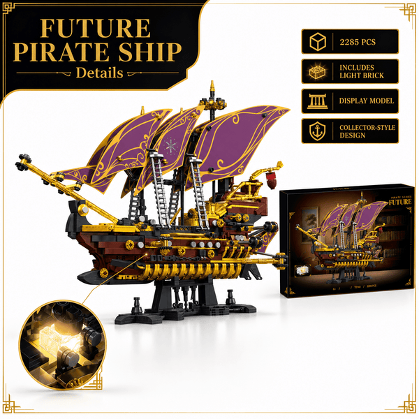 JYRUE Future Pirate Ship Building Set, 2285-Piece Large Sailing Ship Model Building Blocks Kit with Purple Sails, Treasure Light and Display Stand, DIY Construction Toy for Teens and Adults