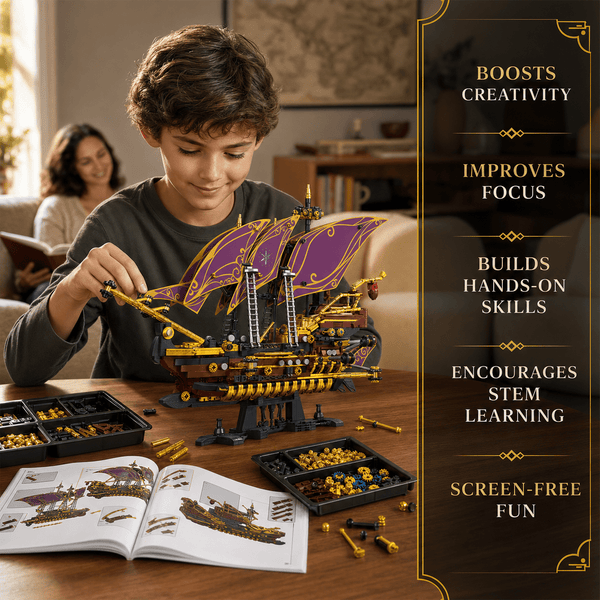 JYRUE Future Pirate Ship Building Set, 2285-Piece Large Sailing Ship Model Building Blocks Kit with Purple Sails, Treasure Light and Display Stand, DIY Construction Toy for Teens and Adults