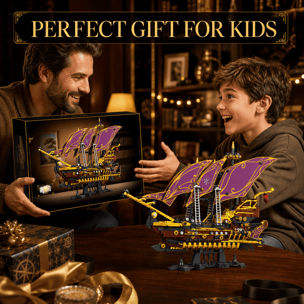 JYRUE Future Pirate Ship Building Set, 2285-Piece Large Sailing Ship Model Building Blocks Kit with Purple Sails, Treasure Light and Display Stand, DIY Construction Toy for Teens and Adults