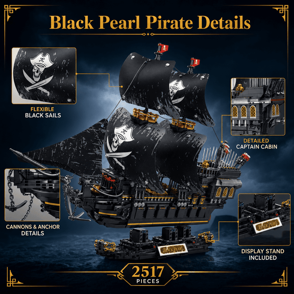JYRUE Large Black Pirate Ship Building Set, 2517-Piece Sailing Ship Model Building Blocks Kit with Black Sails and Display Stand, DIY Construction Toy for Teens and Adults, Ages 8+