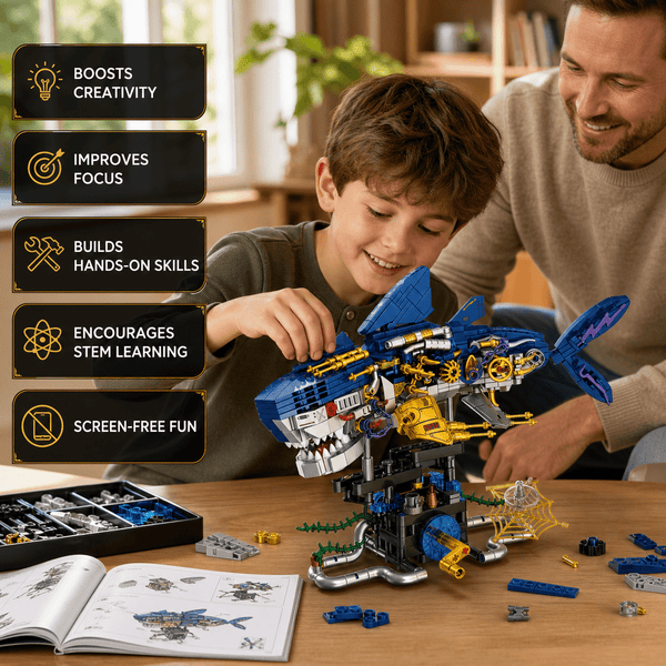 JYRUE Mechanical Shark Building Set, 734-Piece Shark Model Building Blocks Kit with Gear Design and Display Base, DIY STEM Construction Toy for Kids, Teens and Adults, Ages 6+